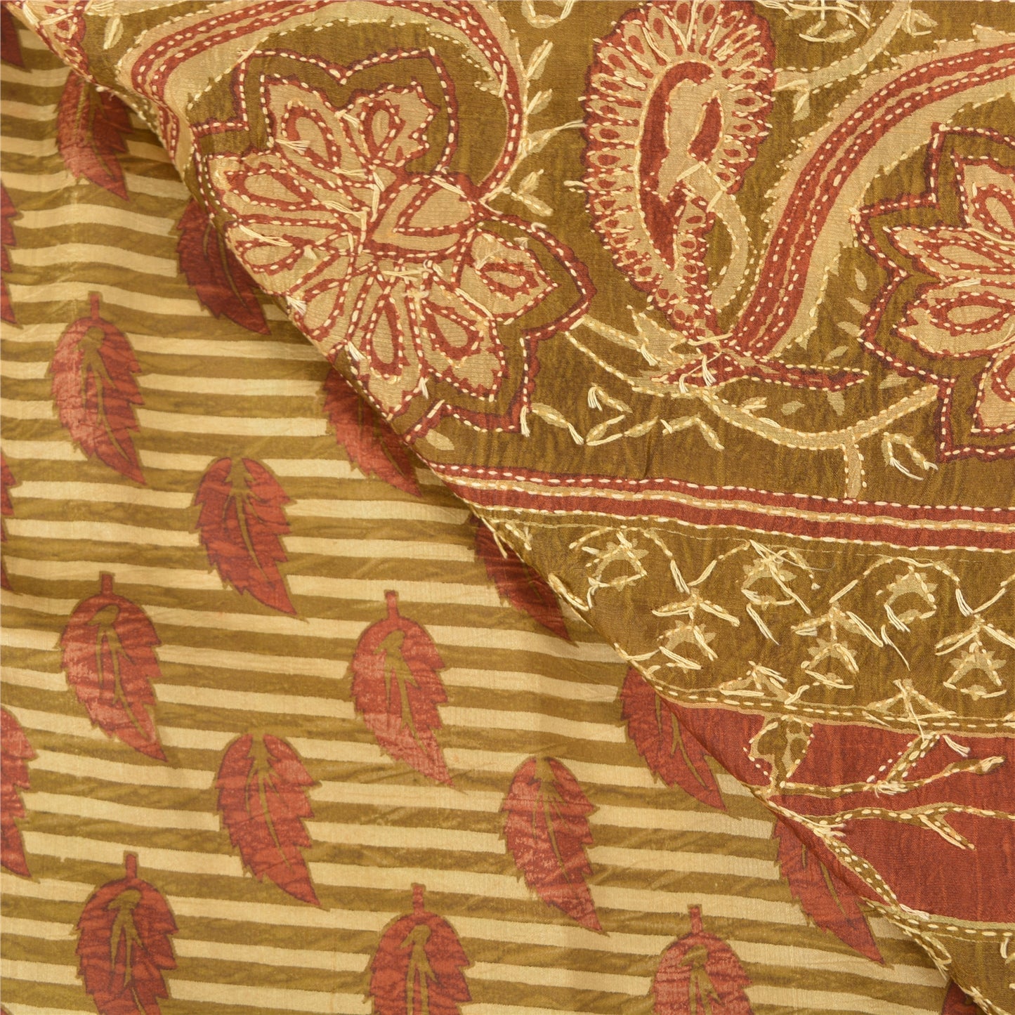 Sanskriti Vintage Heena Green Heavy Sarees Pure Silk Handmade Kantha Sari Sustainable Fabric