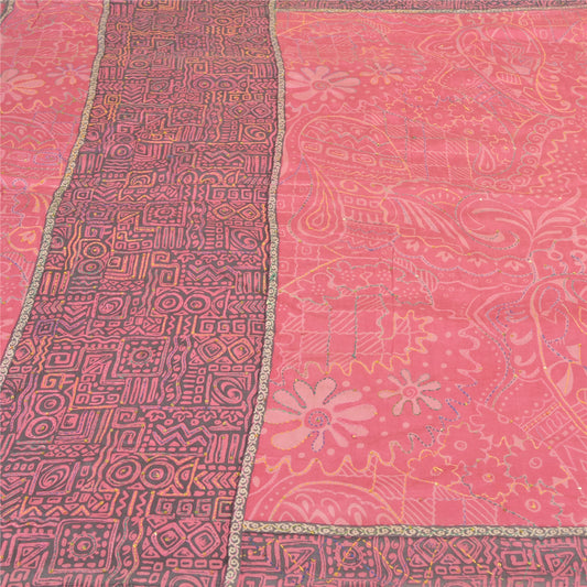 Sanskriti Vintage Heavy Pink Sarees Pure Silk Hand Beaded Kantha Sari Sustainable Fabric