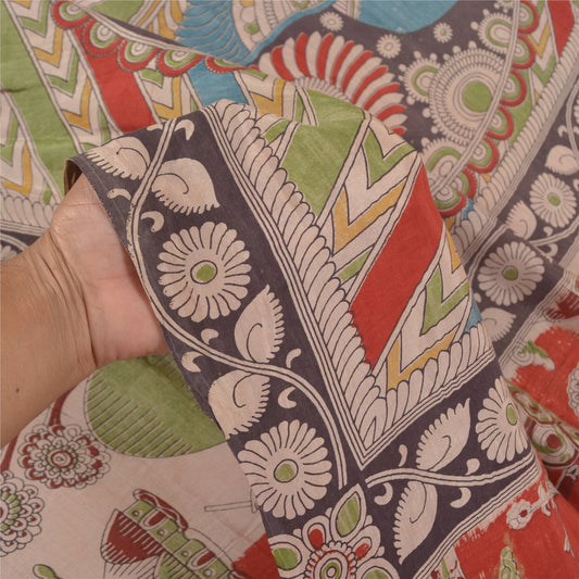 Sanskriti Vintage Red Heavy Sarees Pure Cotton Kalamkari Peacock Sari Sustainable Fabric