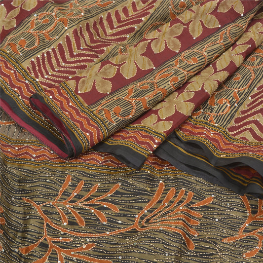 Sanskriti Vintage Brown Heavy Saree Pure Silk Hand Beaded Kantha Sari Sustainable Fabric