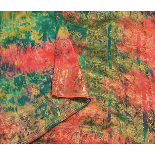 Sanskriti Vintage Heavy Sarees Pure Silk Brocade Baluchari Tie-Dye Sari Sustainable Fabric