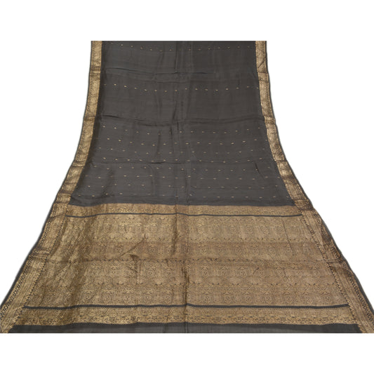 Sanskriti Vintage Black Heavy Indian Sarees Pure Silk Woven Brocade Sari Sustainable Fabric