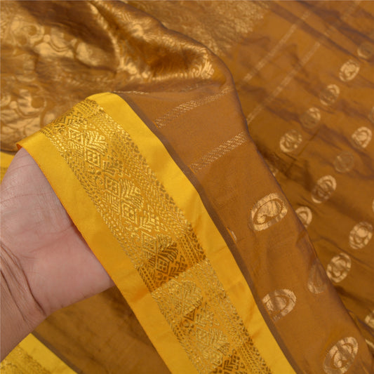 Sanskriti Vintage Heavy Mustard Sarees Pure Silk Woven Brocade Zari Sari Sustainable Fabric