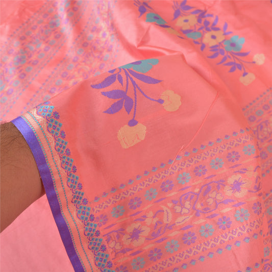 Sanskriti Vintage Peach Heavy Indian Sarees Pure Silk Hand-Woven Sari Sustainable Fabric