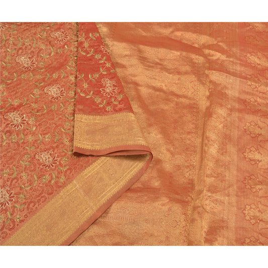 Sanskriti Vintage Red Heavy Sarees Pure Silk Brocade Embroidered Sari Sustainable Fabric