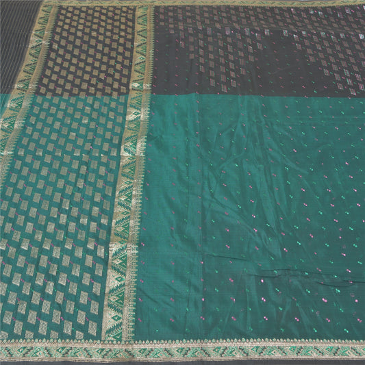 Sanskriti Vintage Green Heavy Indian Sarees 100% Pure Silk Woven Sari Sustainable Fabric