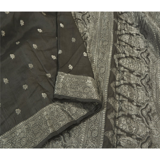 Sanskriti Vintage Black Heavy Party Sarees Pure Silk Woven Brocade Sari Sustainable Fabric