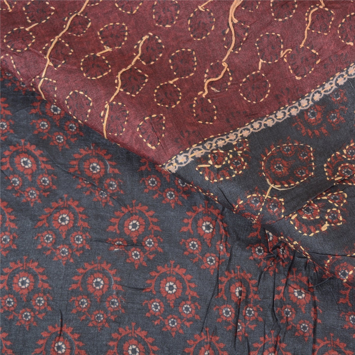 Санскритские винтажные черные тяжелые сари из чистого шелка, расшитые вручную бисером, сари из экологически чистой ткани Kantha