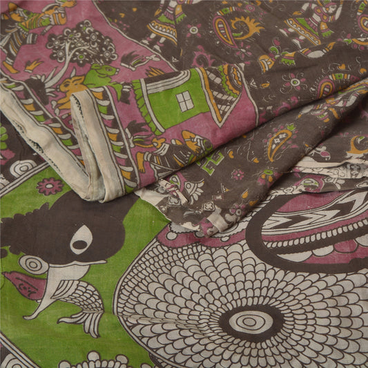 Sanskriti Vintage Brown Heavy Sarees Pure Cotton Kalamkari Peacock Sari Sustainable Fabric