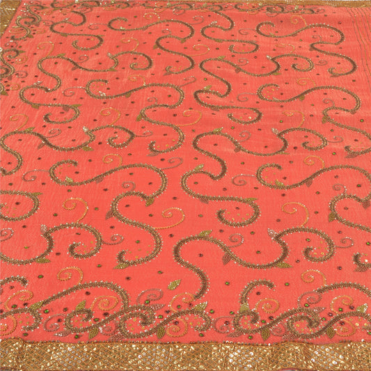 Санскритские винтажные красные тяжелые сари из чистого шелка-жоржета, сари с бисером ручной работы, устойчивая ткань