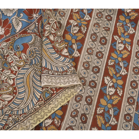 Sanskriti Vintage Blue Heavy Sarees Pure Cotton Kalamkari Animal Sari Sustainable Fabric