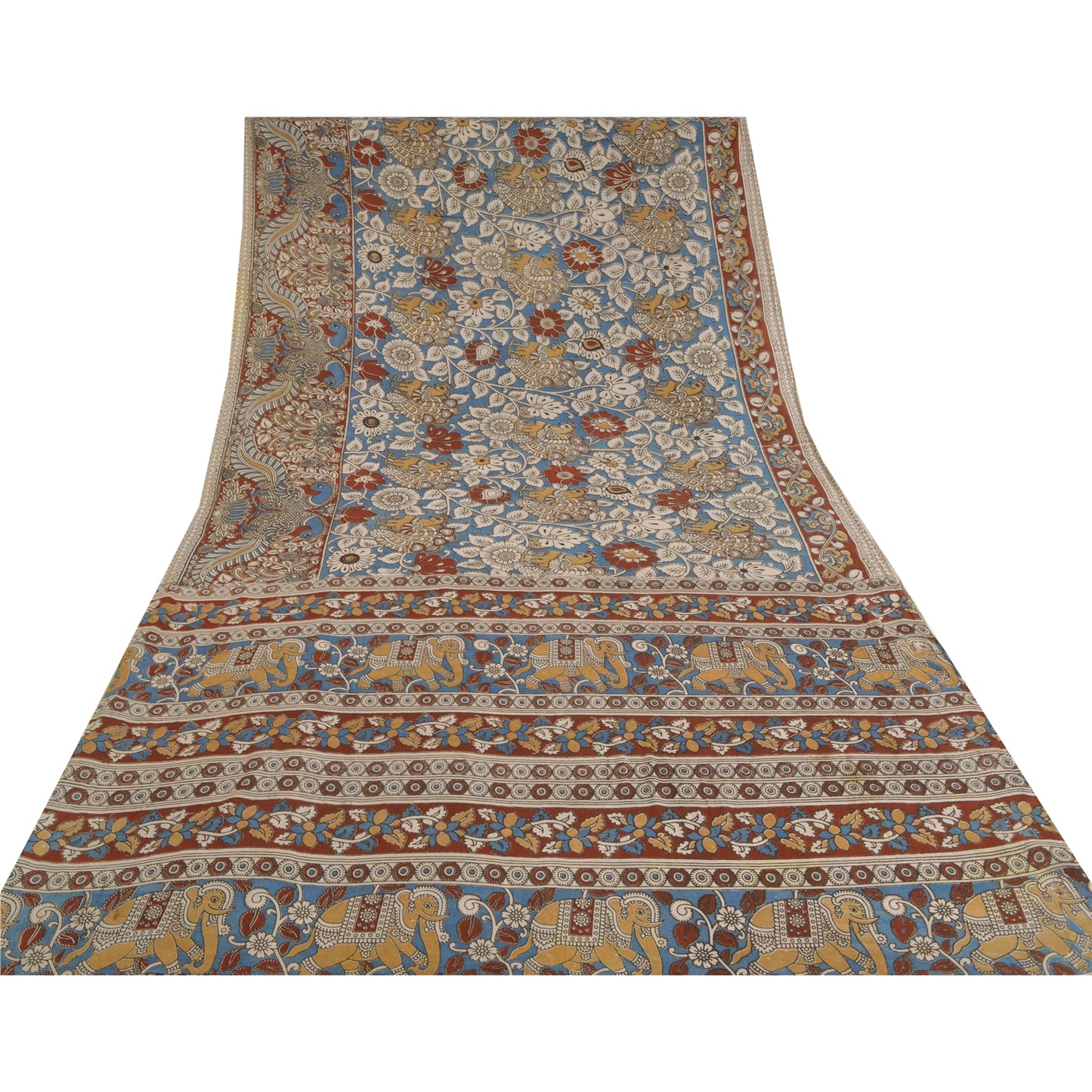 Sanskriti Vintage Blue Heavy Sarees Pure Cotton Kalamkari Animal Sari Sustainable Fabric