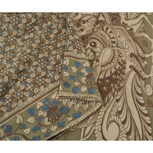 Sanskriti Vintage Brown Heavy Sarees Pure Cotton Kalamkari Peacock Sari Sustainable Fabric