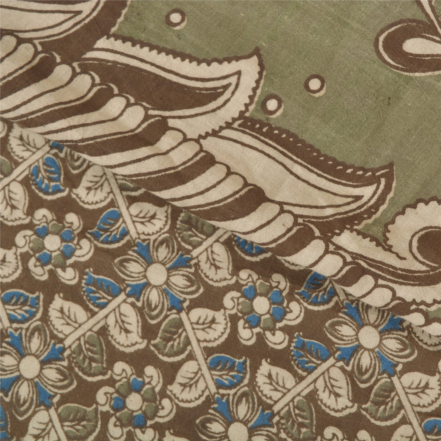 Sanskriti Vintage Brown Heavy Sarees Pure Cotton Kalamkari Peacock Sari Sustainable Fabric