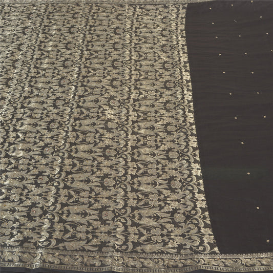 Sanskriti Vintage Sorte Tunge Sareer Kunstsilke Håndperlevævet Sari Bæredygtigt Stof