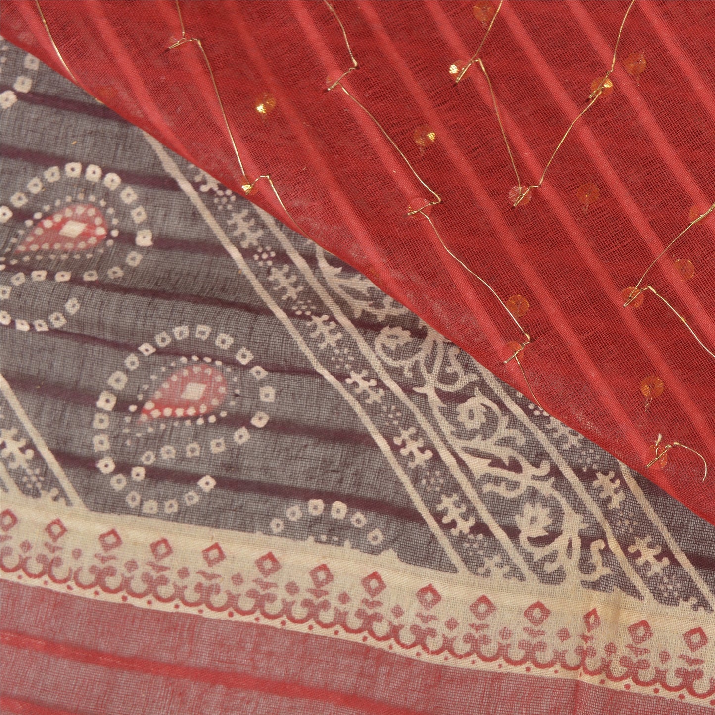 Sanskriti Vintage Dark Red Heavy Sarees Pure Cotton Hand Beaded Sari Sustainable Fabric