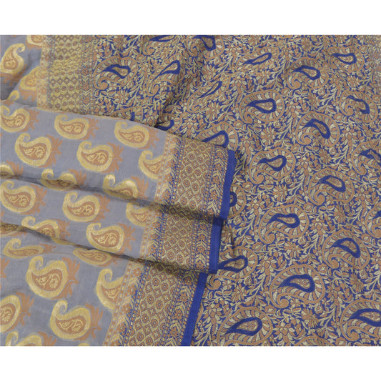 Sanskriti Vintage Blue Heavy Indian Sarees Pure Georgette Silk Woven Sari Sustainable Fabric