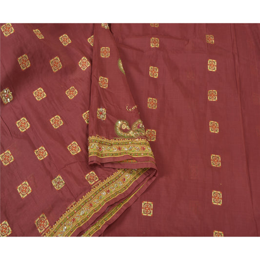 Sanskriti Vintage Dark Red Heavy Sarees Pure Silk Hand Beaded Woven Sari Sustainable Fabric