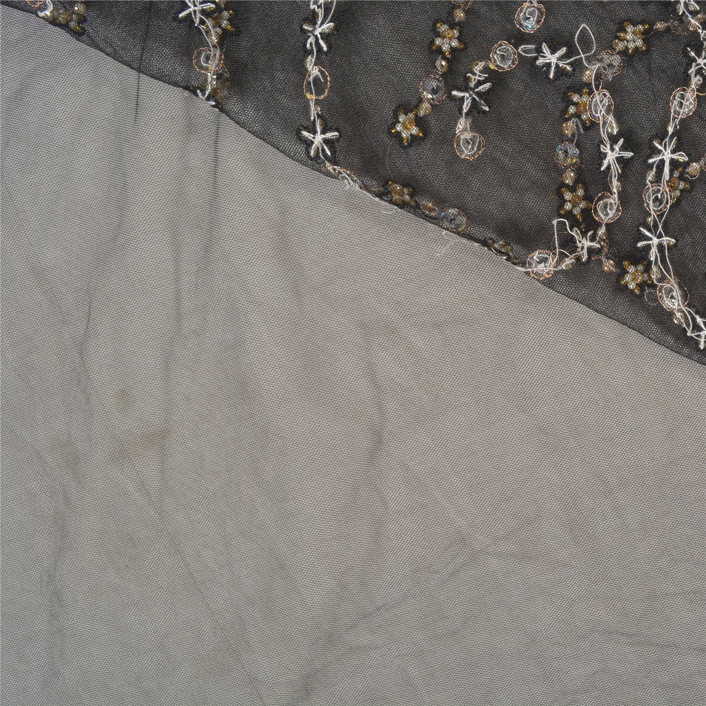 Sanskriti Vintage Black Heavy Sarees Net Mesh Hand Beaded Party Sari Sustainable Fabric