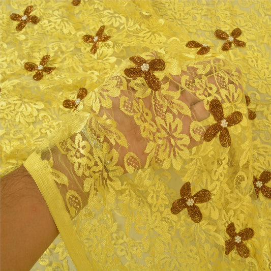 Sanskriti Vintage Yellow Heavy Sarees Net Mesh Hand Beaded Woven Sari Sustainable Fabric