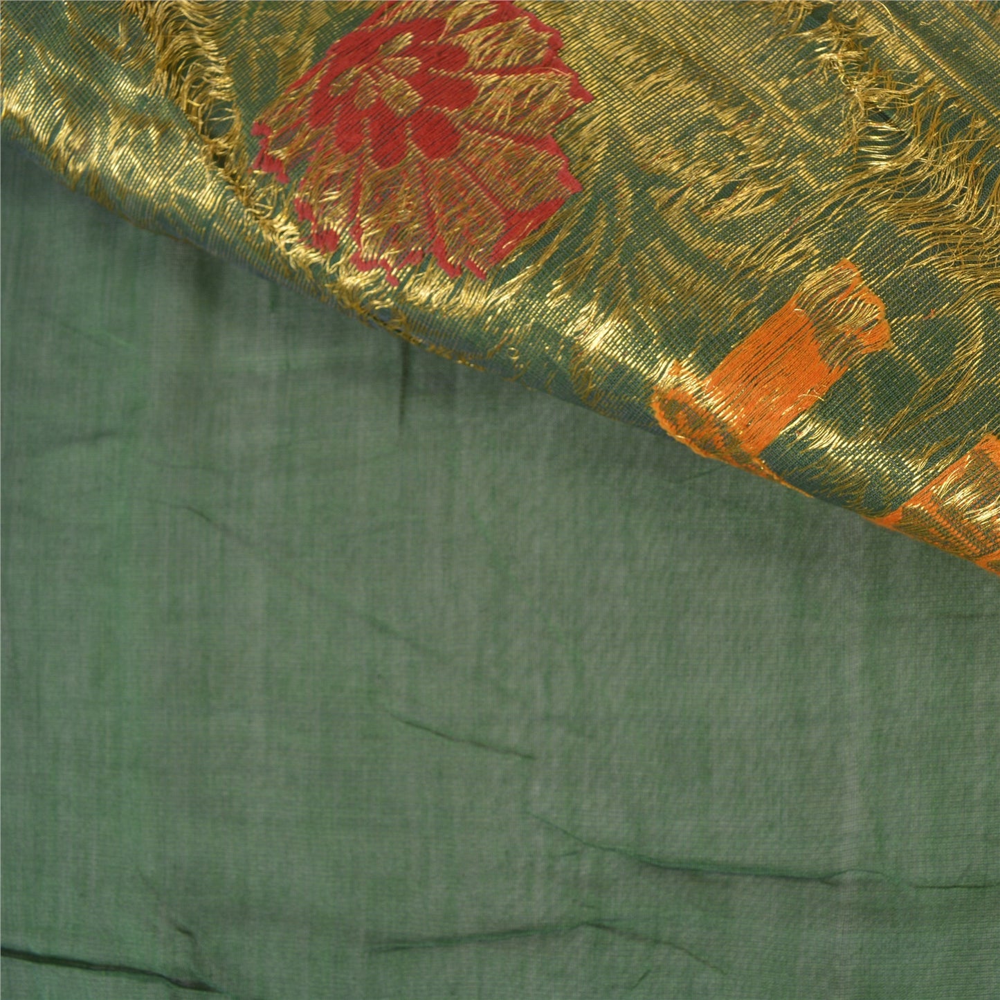 Sanskriti Vintage Green Heavy Sarees Cotton Silk Woven Brocade Sari Sustainable Fabric