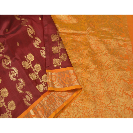 Sanskriti Vintage Red Heavy Sarees Pure Satin Silk Woven Brocade Sari 5yd Sustainable Fabric