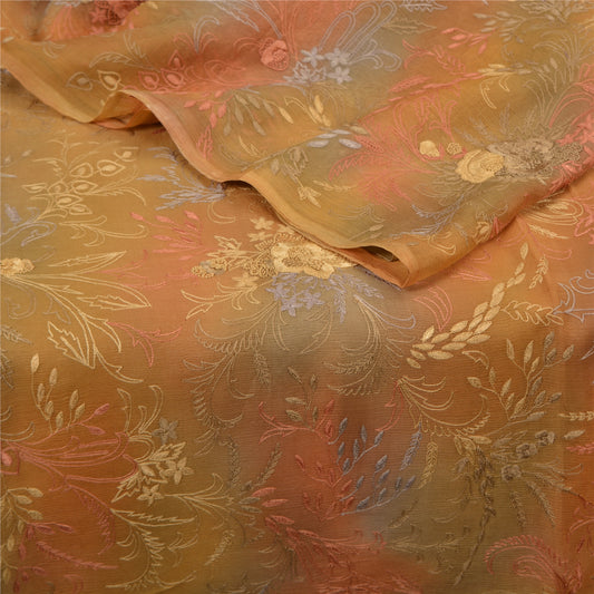 Sanskriti Vintage Green/Peach Sarees Pure Chiffon Silk Handmade Sari Sustainable Fabric