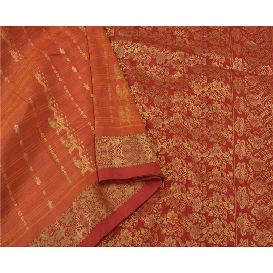 Sanskriti Vintage Dark Red Heavy Sarees 100% Pure Silk Woven Brocade Sari Sustainable Fabric