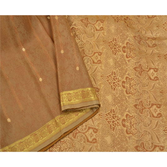 Sanskriti Vintage Heavy Brown Sarees Pure Organza Silk Woven Brocade Sari Sustainable Fabric