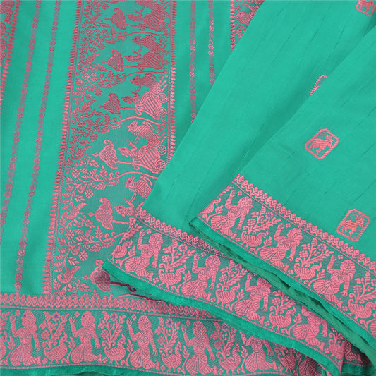 Sanskriti Vintage Green Heavy Sarees 100% Pure Silk Woven Baluchari Sari Sustainable Fabric