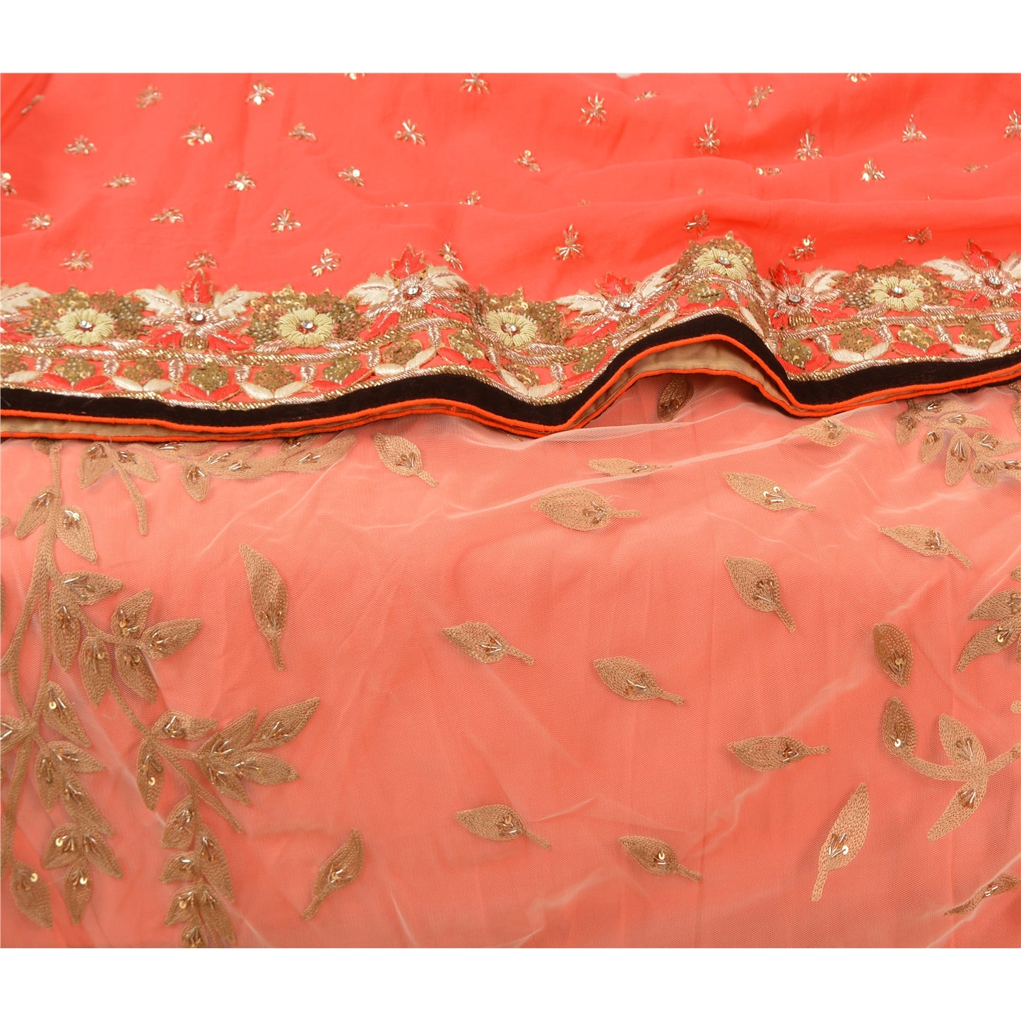 Sanskriti Vintage Peach/Net Mesh Heavy Sarees Net Mesh Hand Beaded Sari Sustainable Fabric