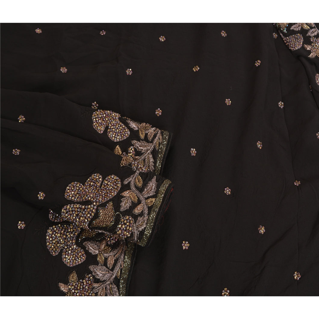 Sanskriti Vintage Black Bollywood Sarees Pure Georgette Silk Beaded Sari Fabric