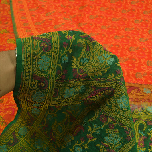 Sanskriti Vintage Green/Orange Indian Sarees Pure Silk Woven Premium Sari Sustainable Fabric