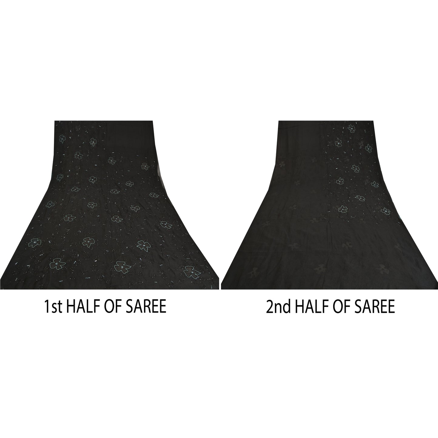 Sanskriti Vintage Black Sarees Pure Chiffon Silk Hand Beaded Sari 5 Yard Sustainable Fabric