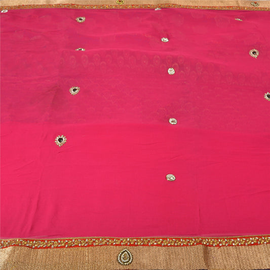 Sanskriti Vintage Pink Sarees 100% Pure Georgette Silk Hand Beaded Sari Sustainable Fabric