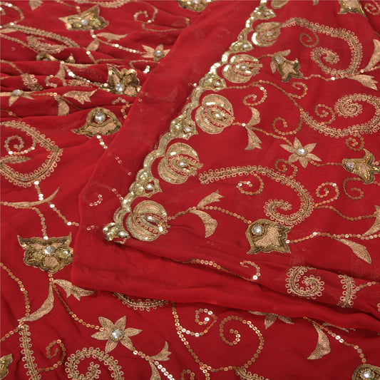 Sanskriti Vintage Dark Red Bollywood Sarees Pure Georgette Handmade Sari Sustainable Fabric