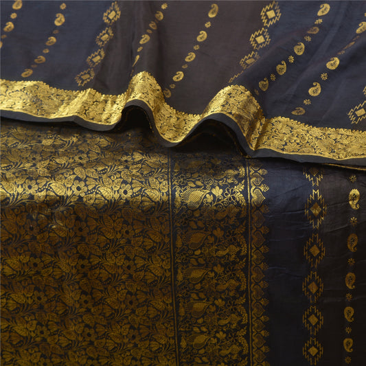 Sanskriti Vintage Blue/Brown Sarees Pure Silk Woven Brocade/Banarasi Sari Sustainable Fabric