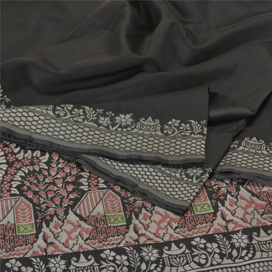 Sanskriti Vintage Black Indian Sarees Art Silk Woven Unique Sari 5 YD Sustainable Fabric
