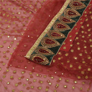 Sanskriti Vintage Dark Red Indian Sarees Net Mesh Hand Beaded Party Sari Fabric