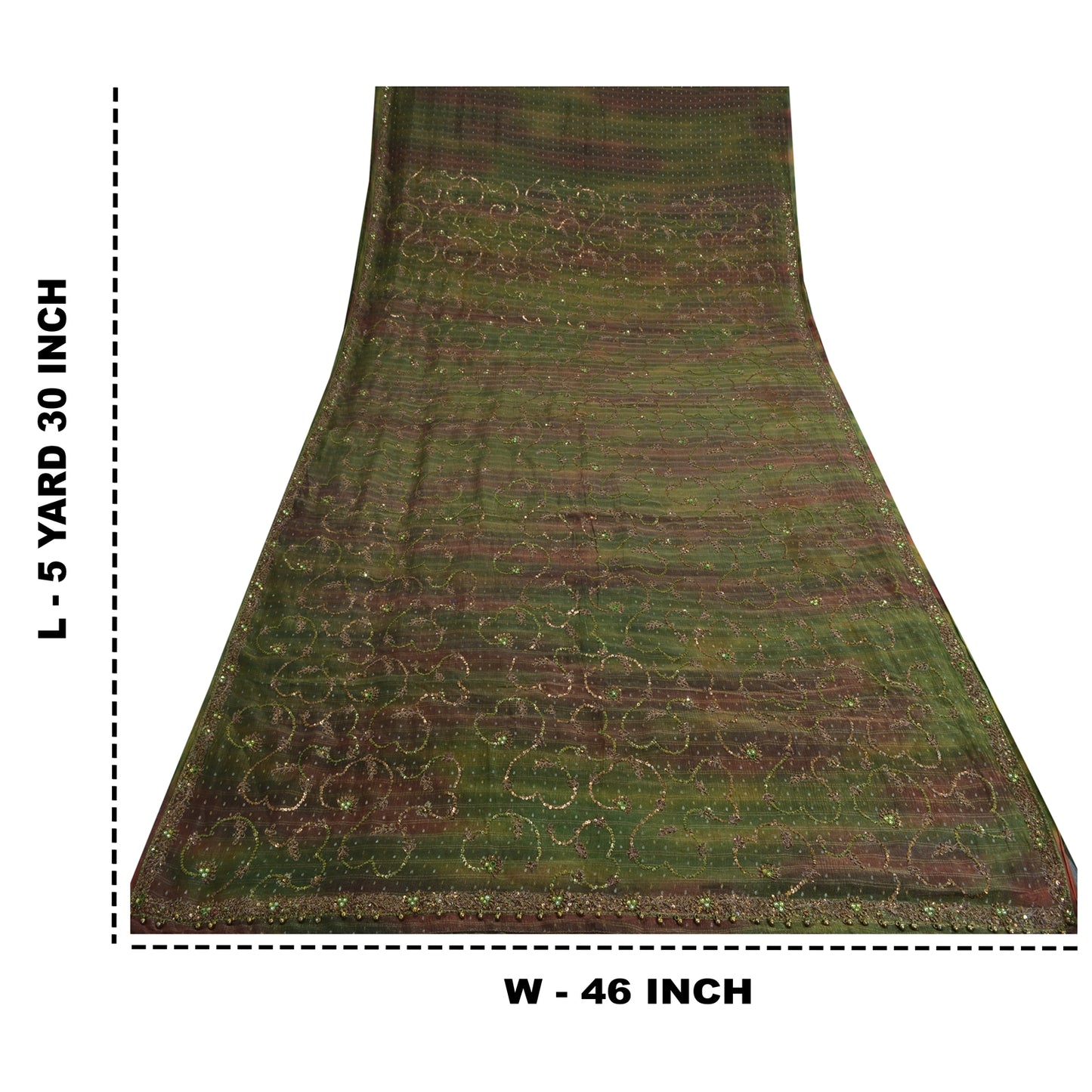 Sanskriti Vintage Green Sarees Pure Silk Hand Beaded Woven Sari Tie-Dye Sustainable Fabric