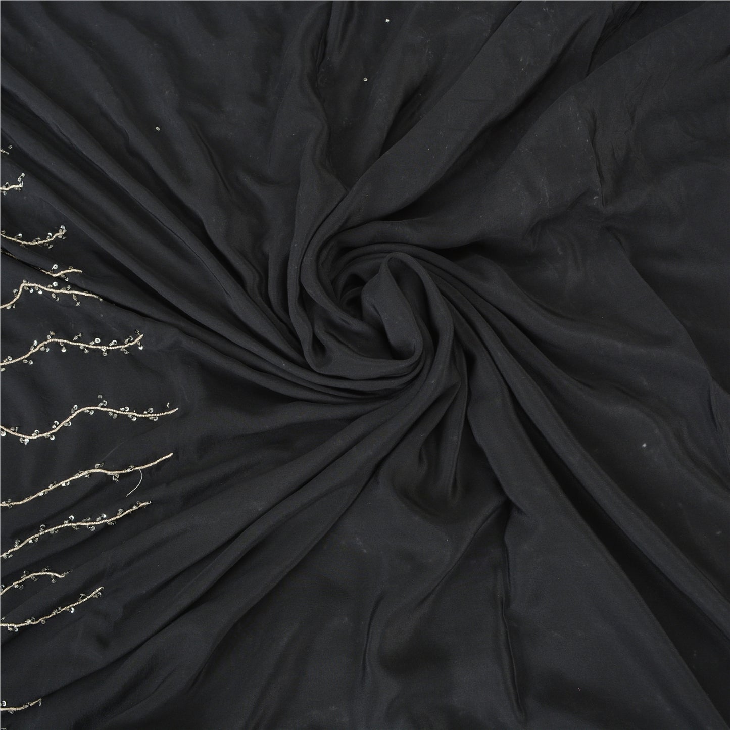Sanskriti Vintage Black Sarees Pure Crepe Silk Beaded Premium Sari Craft Sustainable Fabric