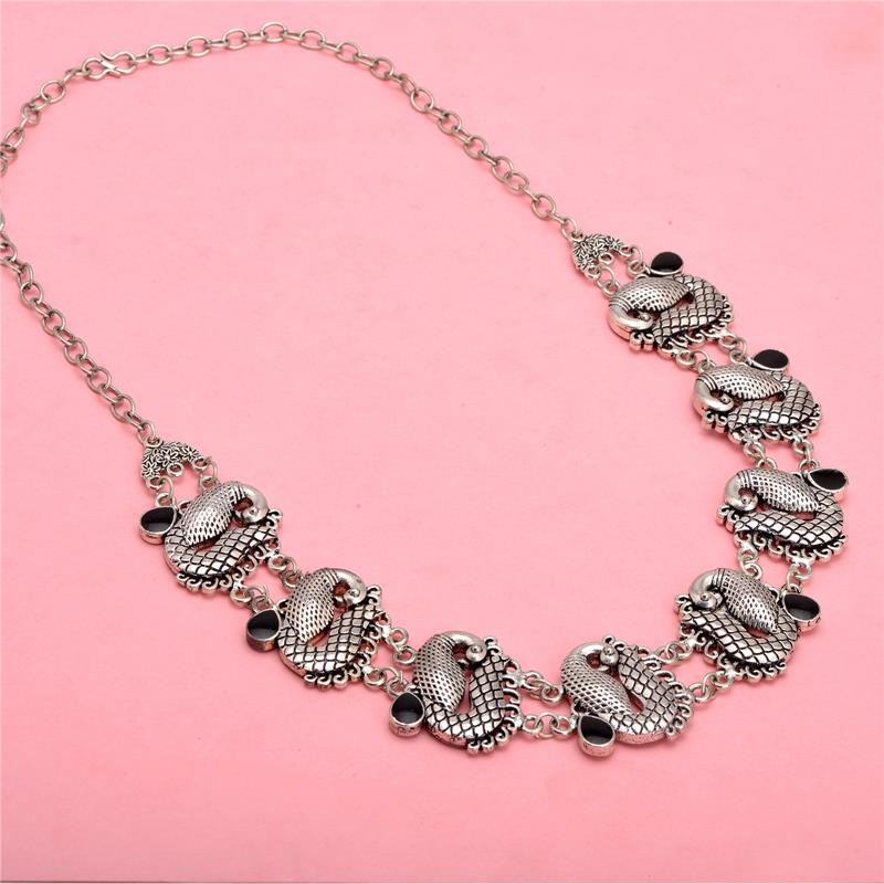 Sanskriti Vintage Necklace Sterling Silver Choker Enamel Work Peacock Design