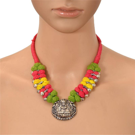 Sanskriti Vintage Necklace Carved Sterling Silver Goddess Lakshmi Thread Work