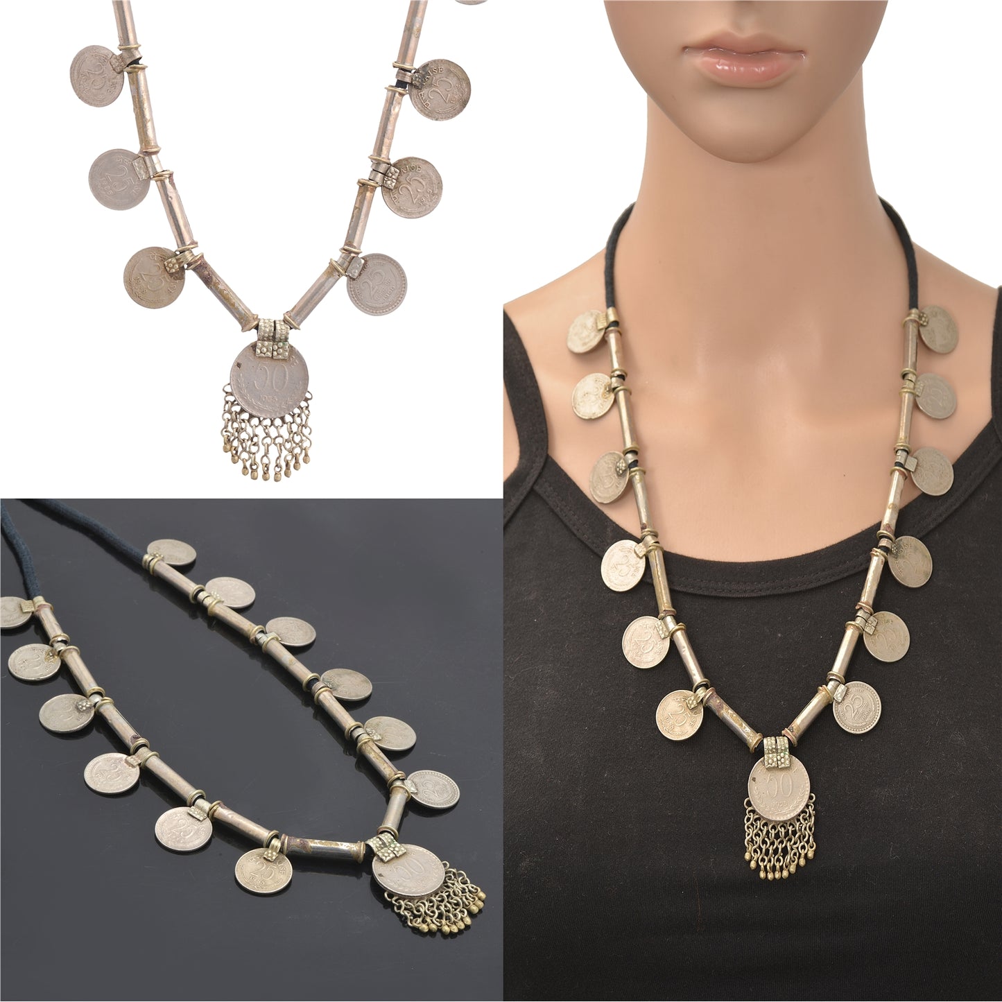 Sanskriti Vintage Indian 25 Paise Antique Matinee Dori Banjara Tribal Necklace