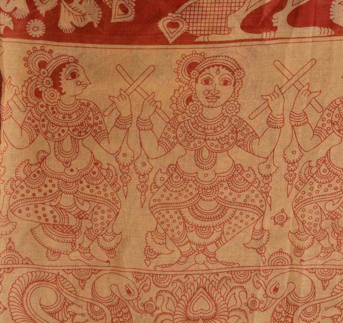 Sanskriti Vintage New Dupatta Long Scarf Pure Cotton Cream Red Hijab Printed Pattachitra Stole