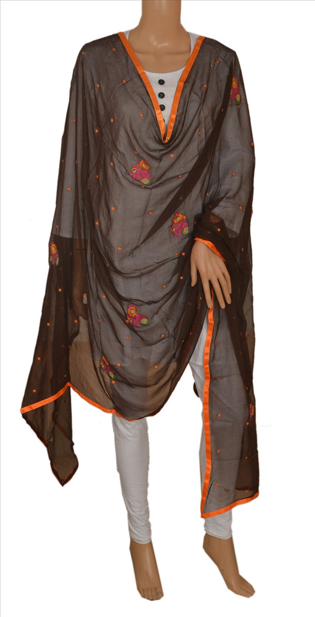 Sanskriti Vintage New Dupatta Long Scarf Chiffon Silk Brown Hijab Embroidered Wrap Veil