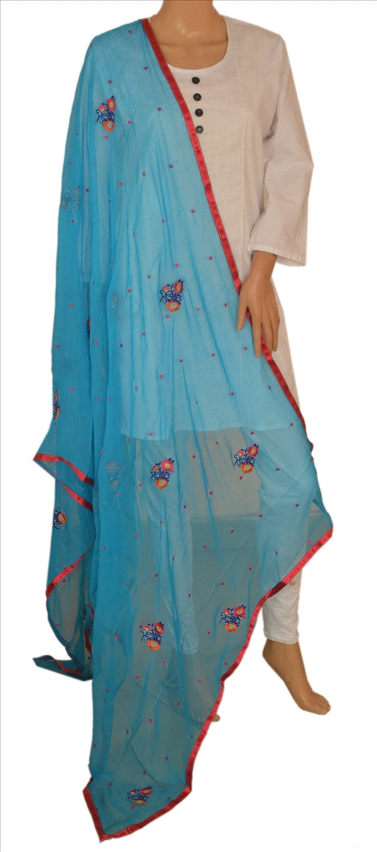 Sanskriti Vintage New Dupatta Long Scarf Chiffon Silk Blue Hijab Embroidered Wrap Veil