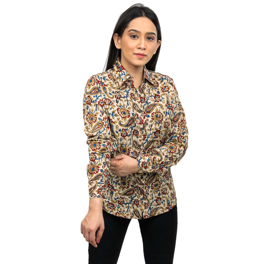 Sanskriti Vintage 100% Pure Cotton Casual Hand Block Printed Beige Floral Full Sleeve Shirt