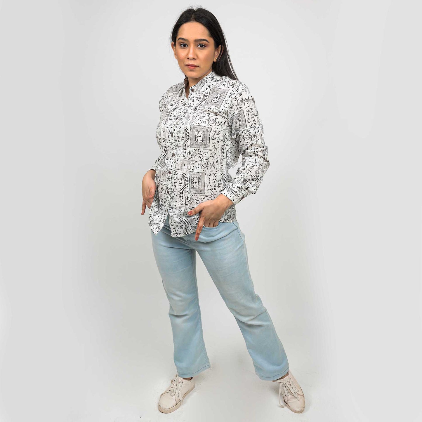 Sanskriti Vintage 100% Pure Cotton Casual Hand Block Warli Printed Full Sleeves Shirt