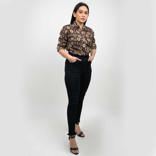 Sanskriti Vintage 100% Pure Cotton Casual Hand Block Printed Black Floral Full Sleeve Shirt